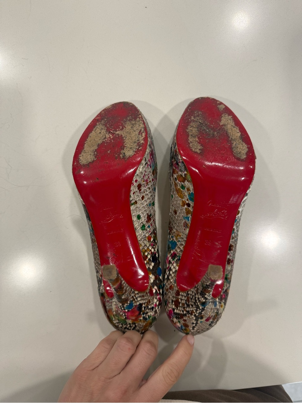Christian Louboutin Multicolor Snakeskin Peep-Toe Pumps with Bright Accents - Picture 4 of 8